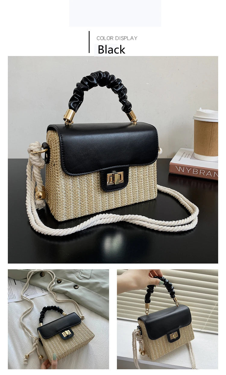 Straw Beach Bag for Women 2021 Summer Pleated Handle Luxury Designer Bag Contrast Color Crossbody Purse and Handbag Lady Bolsos