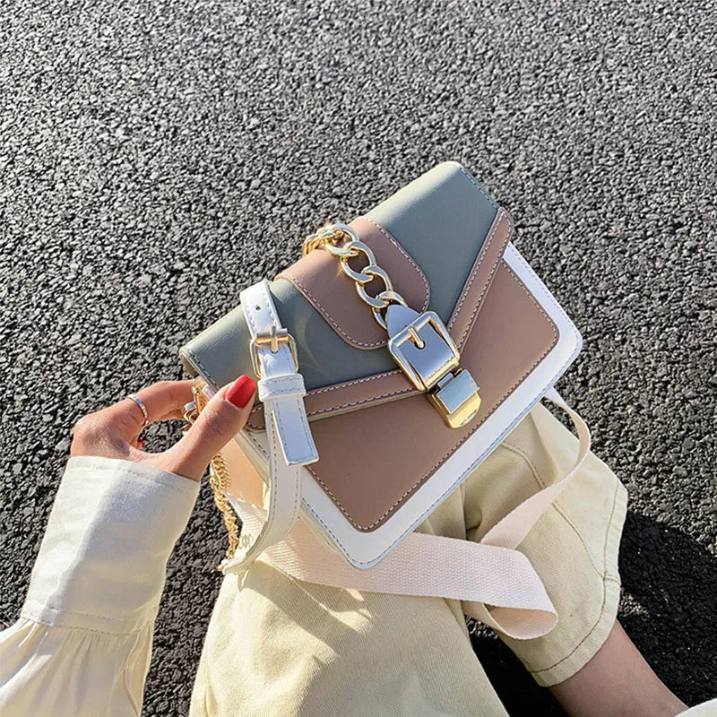 Fashion Women Chain Crossbody Bag Leisure Splice Small Square Shoulder Bag Luxury Design Messenger Bag Travel Purse and Handbag