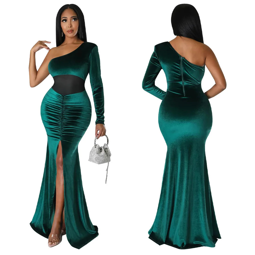 K10354 New Arrival Velvet Mesh Patchwork One Shoulder Ruched Mermaid Dress High Slit Party Dress Gowns for Women Evening Dresses