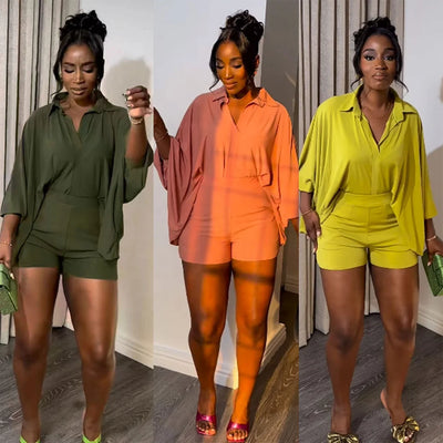 S107 Wholesale Designer Clothing 2024 Solid Color Bat Sleeve Shirt 2 Pieces Set Summer Loose Casual Two Piece Shorts Sets Women