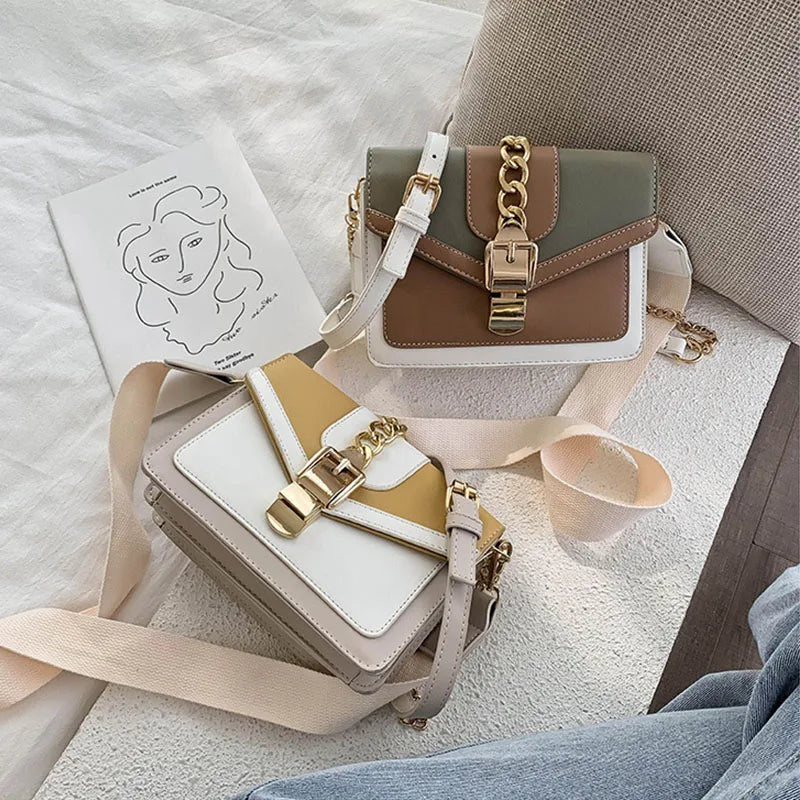Fashion Women Chain Crossbody Bag Leisure Splice Small Square Shoulder Bag Luxury Design Messenger Bag Travel Purse and Handbag