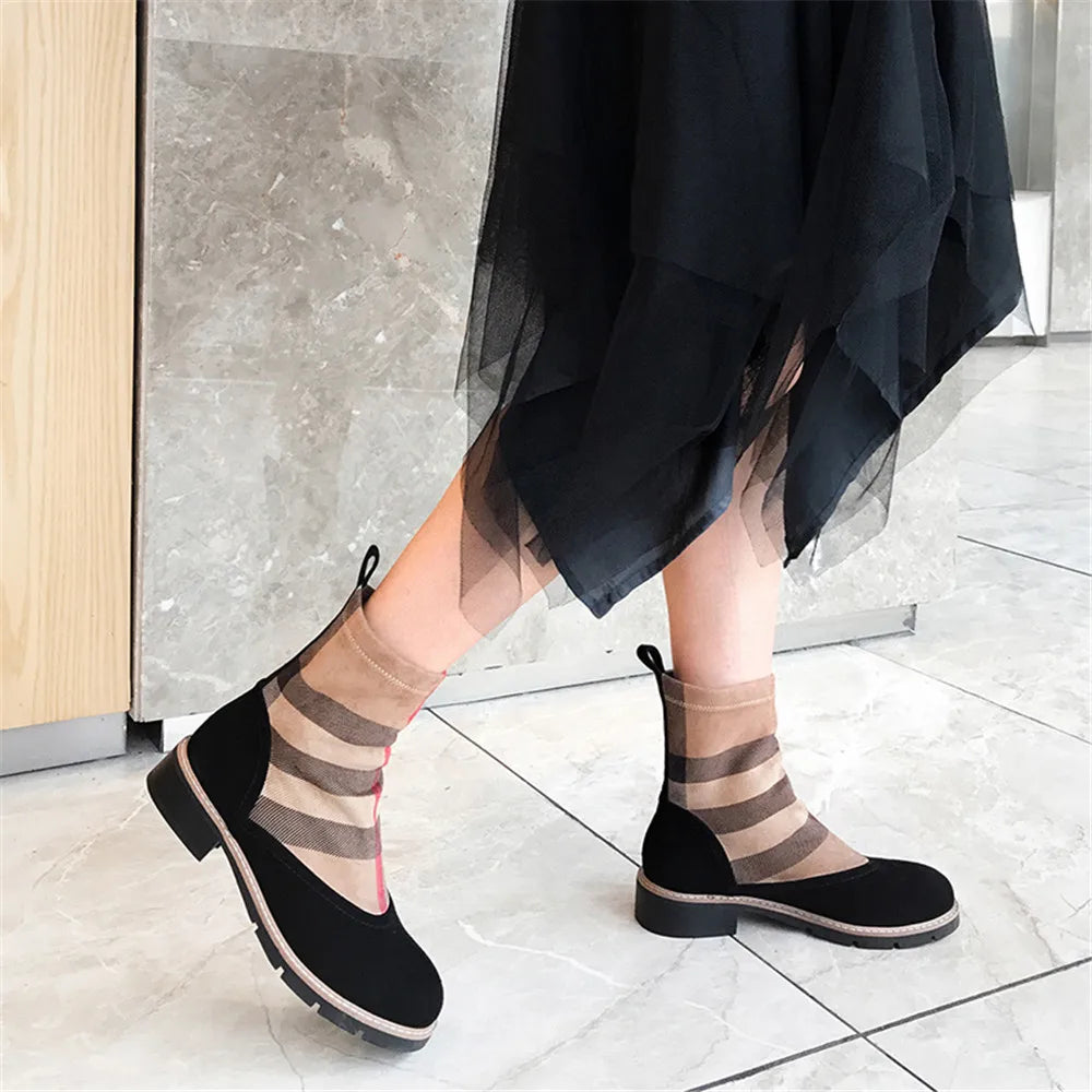 Drestrive Luxury Women Ankle Boots Kid Suede Low Heels 3 Cm Spring Patchwork Platform Striped Lattice Black Winter Shoes Brand