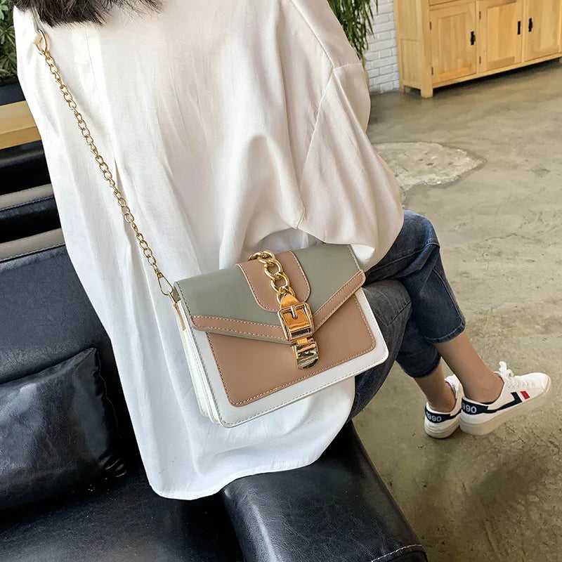 Fashion Women Chain Crossbody Bag Leisure Splice Small Square Shoulder Bag Luxury Design Messenger Bag Travel Purse and Handbag