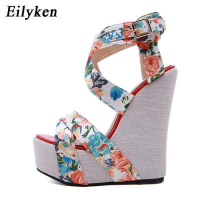 Eilyken Designer Buckle Strap Platform Wedges Women's Sandals Fashion Silk Open Toe High Heels Banquet Party Shoes