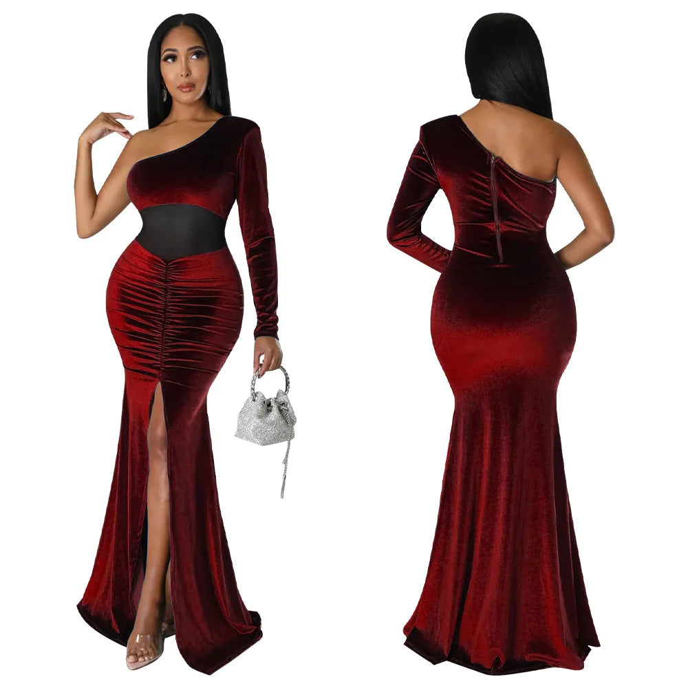 K10354 New Arrival Velvet Mesh Patchwork One Shoulder Ruched Mermaid Dress High Slit Party Dress Gowns for Women Evening Dresses