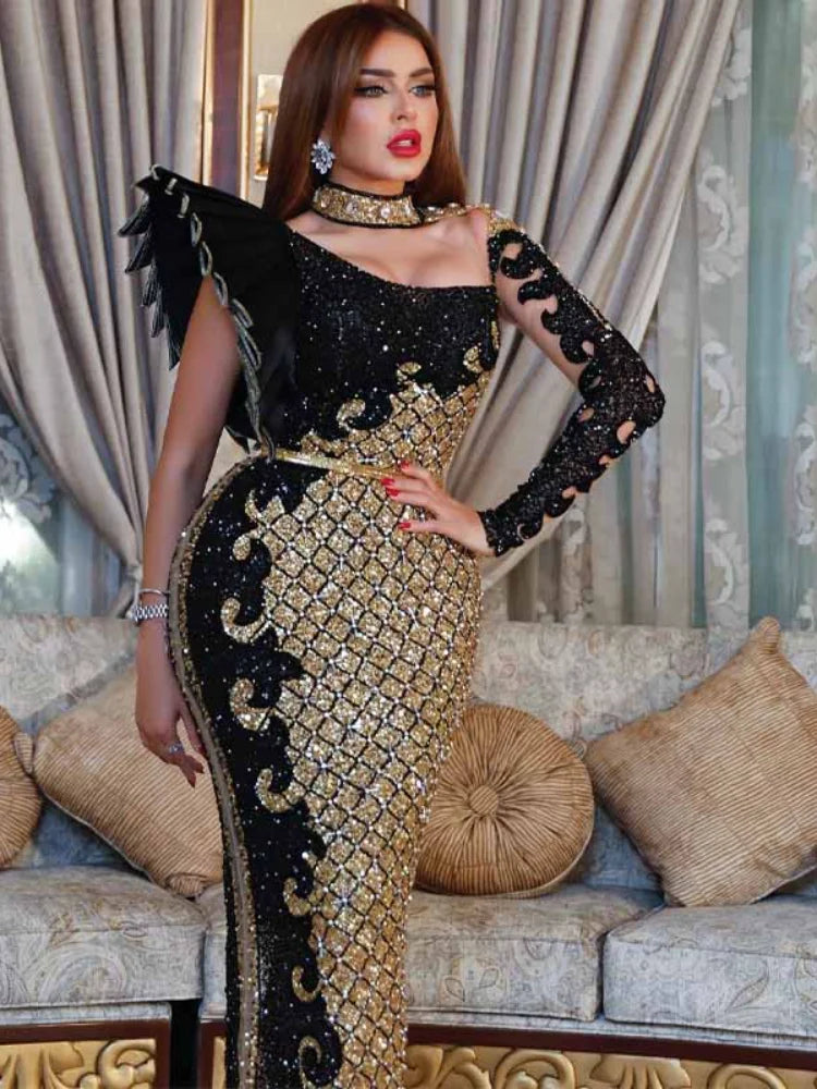 Customized Long Black Dresses Velvet Sequins Embroidered Chest Wrapped Puff Sleeve Dress Classy Ladies Spring Fall Party Celebri