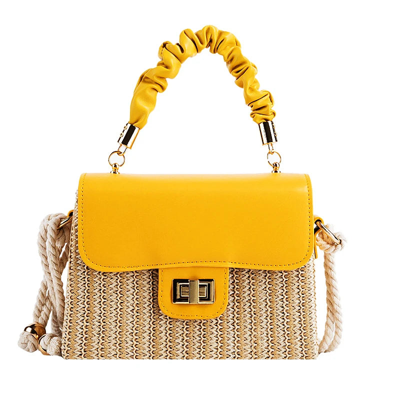 Straw Beach Bag for Women 2021 Summer Pleated Handle Luxury Designer Bag Contrast Color Crossbody Purse and Handbag Lady Bolsos