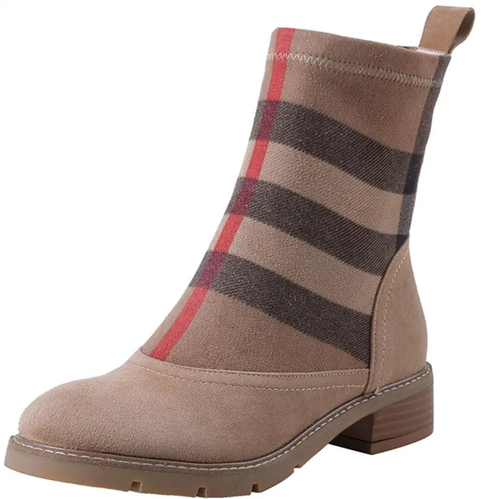 Drestrive Luxury Women Ankle Boots Kid Suede Low Heels 3 Cm Spring Patchwork Platform Striped Lattice Black Winter Shoes Brand