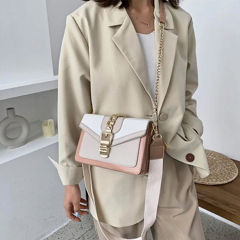 Fashion Women Chain Crossbody Bag Leisure Splice Small Square Shoulder Bag Luxury Design Messenger Bag Travel Purse and Handbag