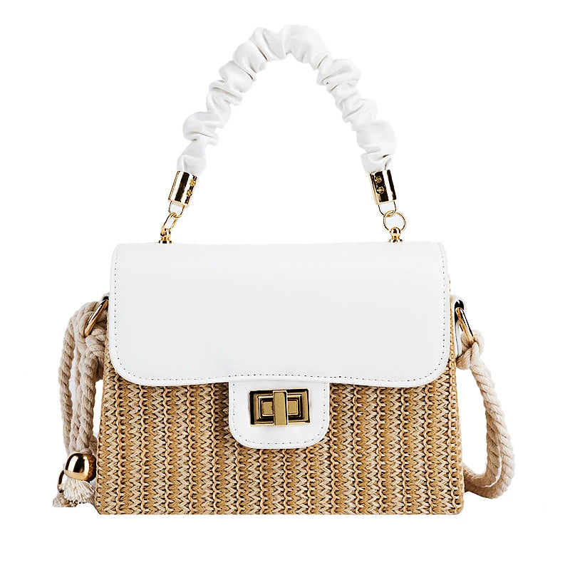 Straw Beach Bag for Women 2021 Summer Pleated Handle Luxury Designer Bag Contrast Color Crossbody Purse and Handbag Lady Bolsos