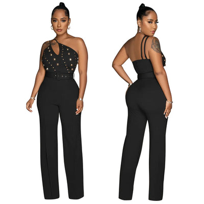 2024 New Design Ladies' One-Shoulder Jumpsuit Solid Color Breathable and Loose for Work Fall Halter Rompers