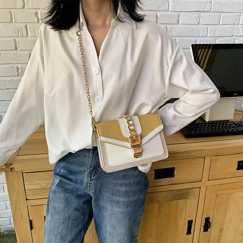 Fashion Women Chain Crossbody Bag Leisure Splice Small Square Shoulder Bag Luxury Design Messenger Bag Travel Purse and Handbag