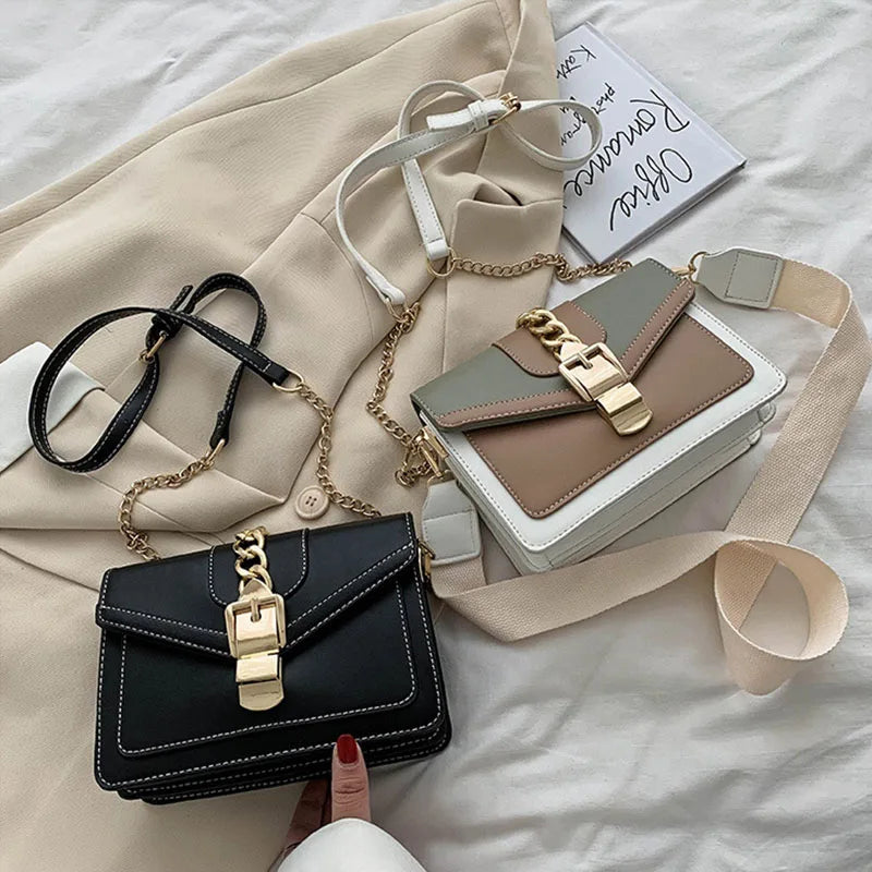 Fashion Women Chain Crossbody Bag Leisure Splice Small Square Shoulder Bag Luxury Design Messenger Bag Travel Purse and Handbag