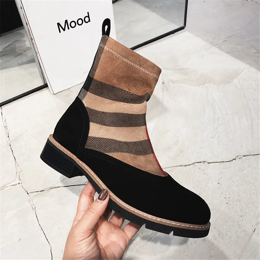 Drestrive Luxury Women Ankle Boots Kid Suede Low Heels 3 Cm Spring Patchwork Platform Striped Lattice Black Winter Shoes Brand