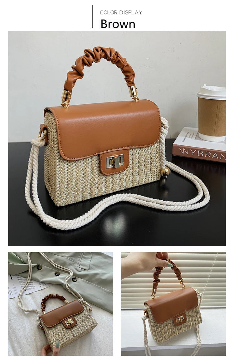 Straw Beach Bag for Women 2021 Summer Pleated Handle Luxury Designer Bag Contrast Color Crossbody Purse and Handbag Lady Bolsos