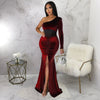 K10354 New Arrival Velvet Mesh Patchwork One Shoulder Ruched Mermaid Dress High Slit Party Dress Gowns for Women Evening Dresses