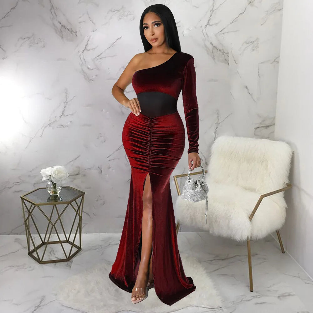 K10354 New Arrival Velvet Mesh Patchwork One Shoulder Ruched Mermaid Dress High Slit Party Dress Gowns for Women Evening Dresses