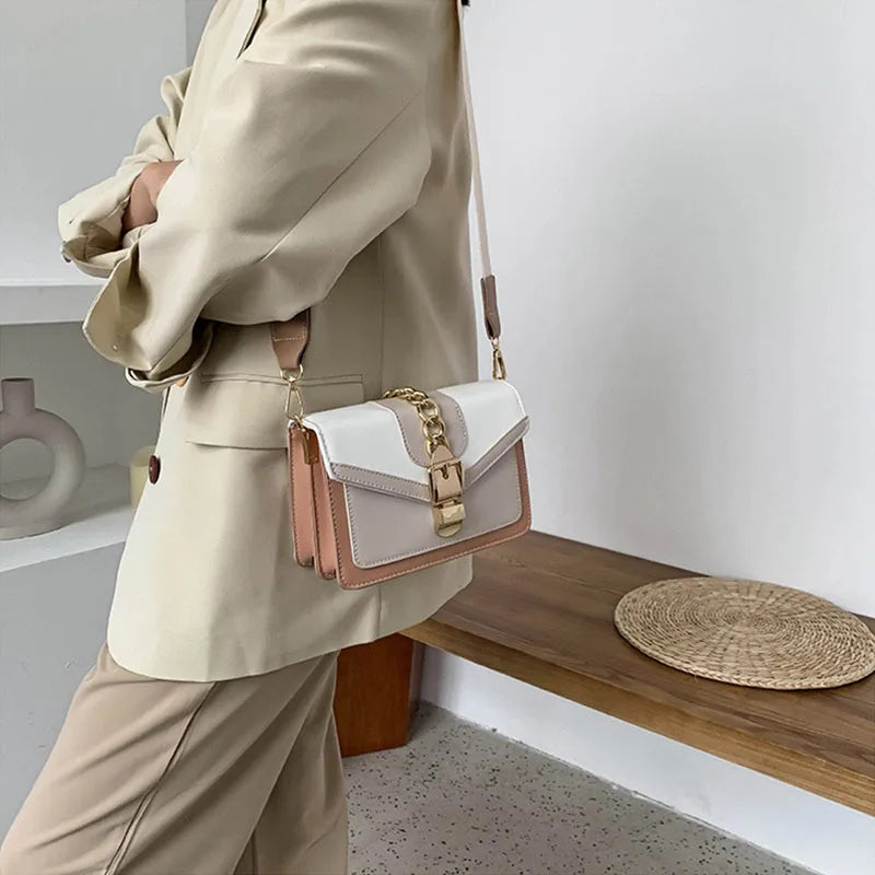 Fashion Women Chain Crossbody Bag Leisure Splice Small Square Shoulder Bag Luxury Design Messenger Bag Travel Purse and Handbag
