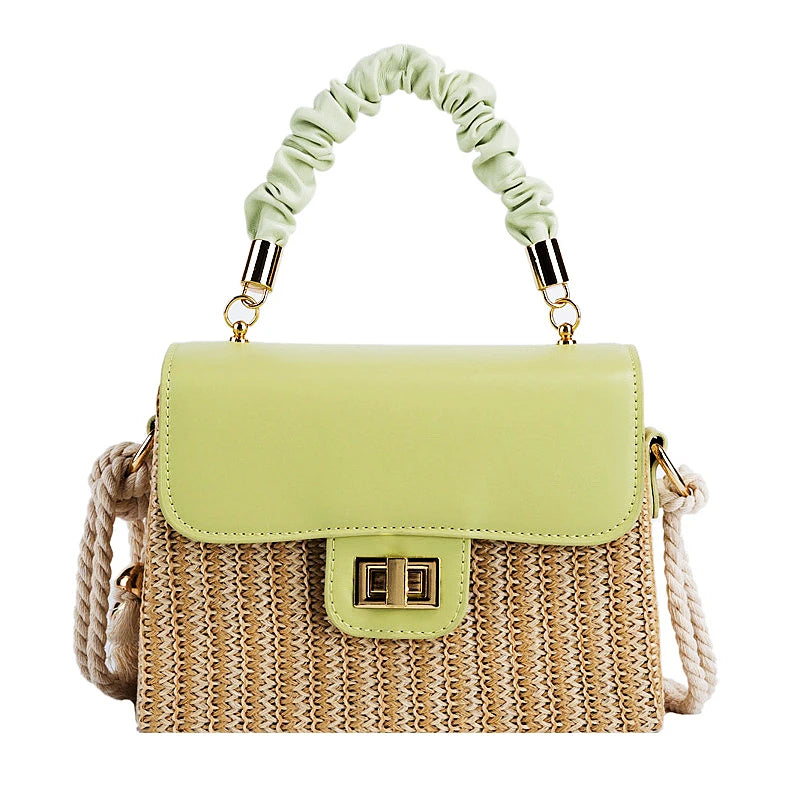 Straw Beach Bag for Women 2021 Summer Pleated Handle Luxury Designer Bag Contrast Color Crossbody Purse and Handbag Lady Bolsos