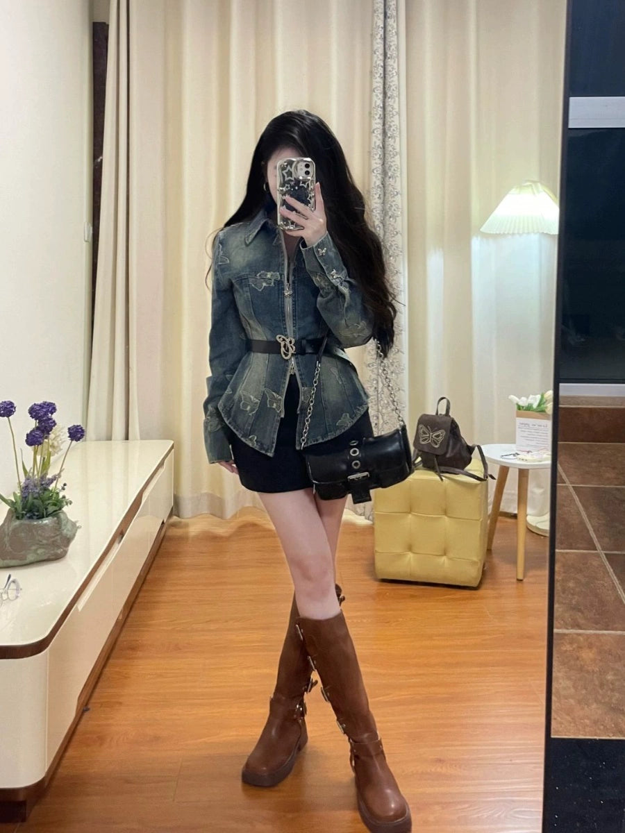 Butterfly Stylish Tied Long Sleeves Top Denim Shirt