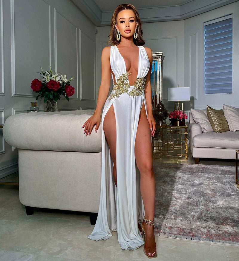 European and American Style Women's Clothing Ins Sexy Fashion Dress Wedding Deep V High Slit Part Large Hem Floor-Length Formal Dress