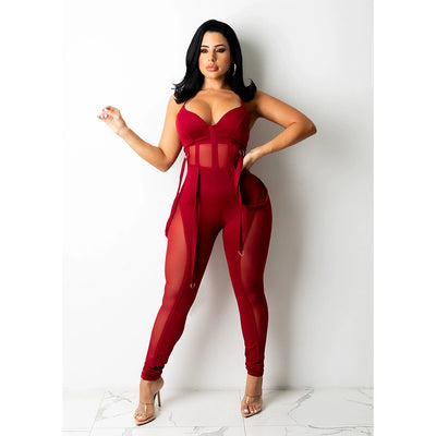 European and American Women's Clothing See-through Sexy Suspender Mesh Jumpsuit
