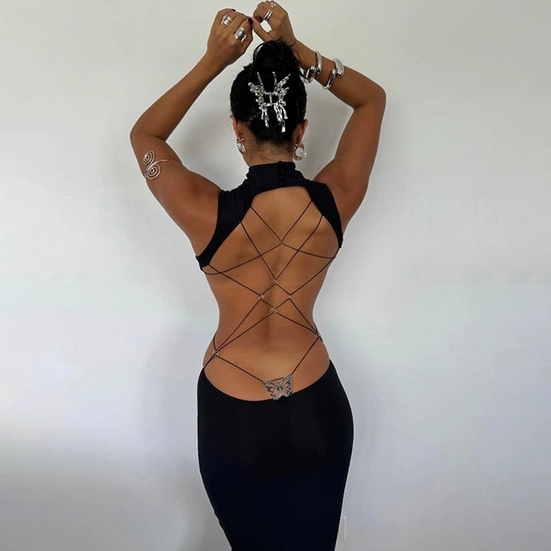 Instunning European and American Metal Butterfly Hollow-out Backless Dress Women Gyaru Style Slimming Split Long Skirt