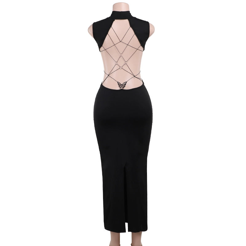 Instunning European and American Metal Butterfly Hollow-out Backless Dress Women Gyaru Style Slimming Split Long Skirt