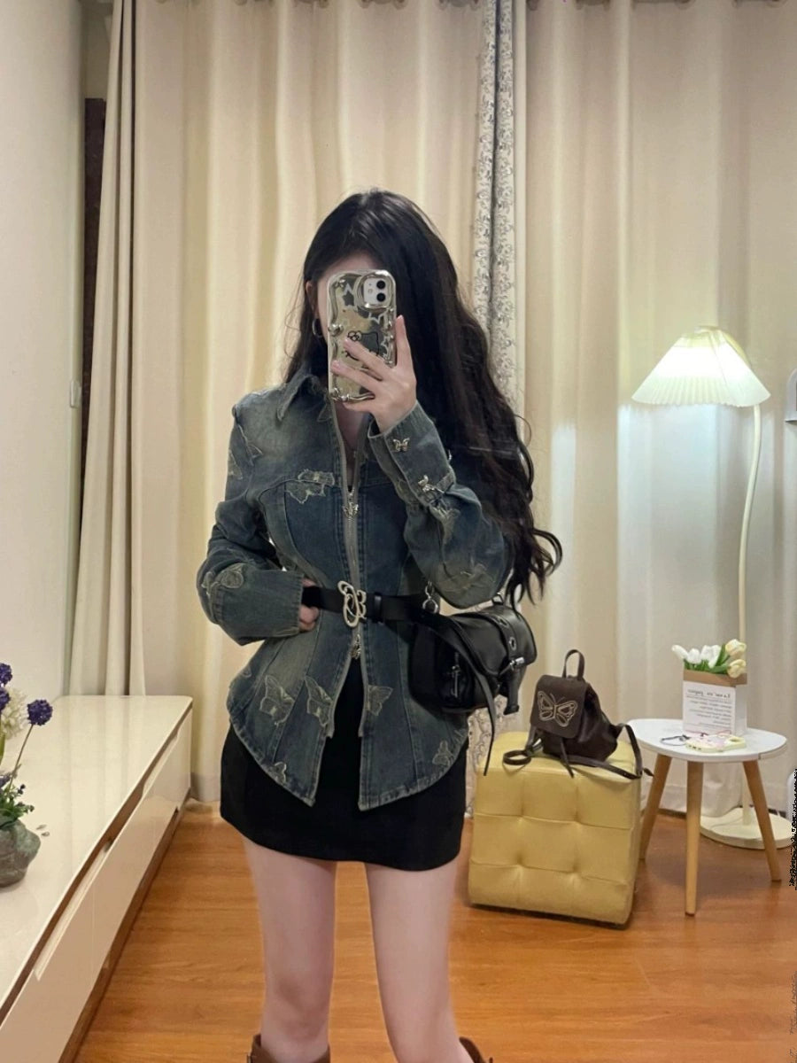 Butterfly Stylish Tied Long Sleeves Top Denim Shirt