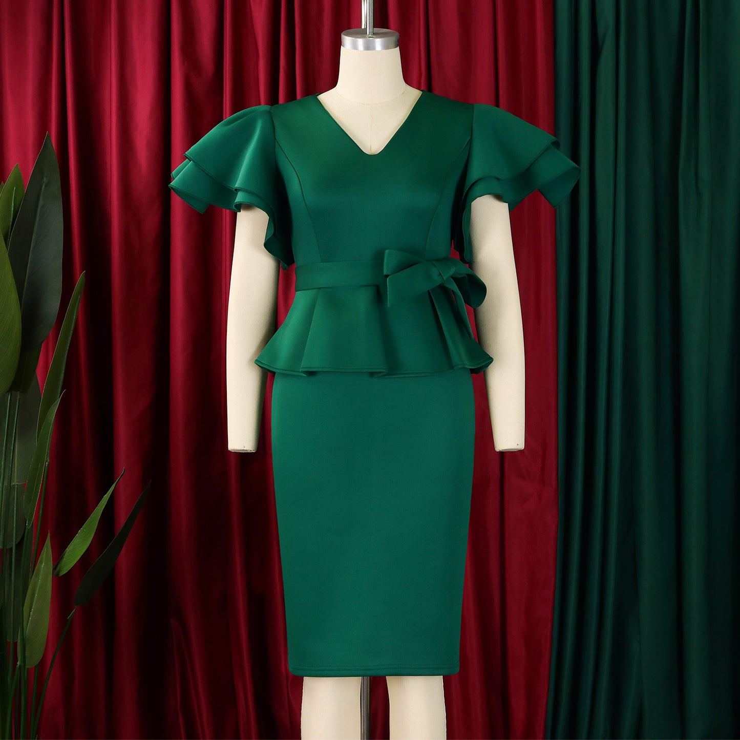 CM.YAYA Women Short Sleeve V-neck Belt High Waist Midi Dress 2025 Summer Africa OL Work Evening Sexy Party Dresses Vestidos