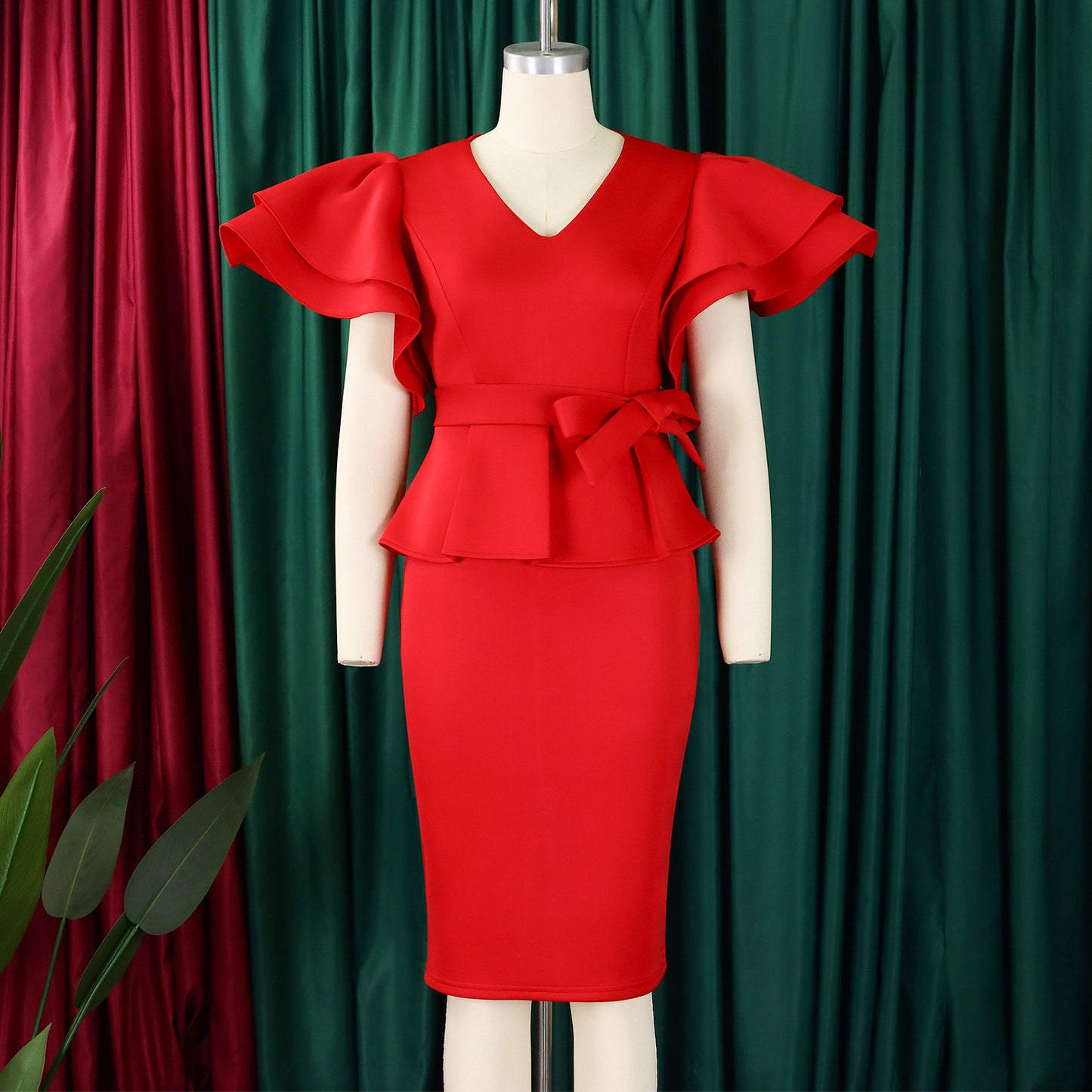CM.YAYA Women Short Sleeve V-neck Belt High Waist Midi Dress 2025 Summer Africa OL Work Evening Sexy Party Dresses Vestidos