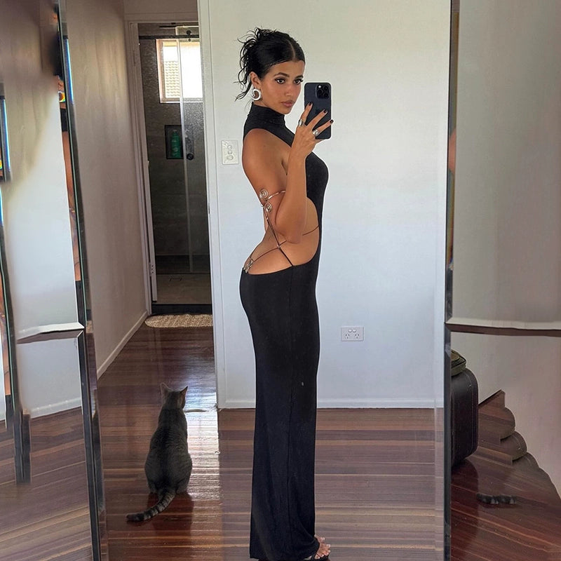 Instunning European and American Metal Butterfly Hollow-out Backless Dress Women Gyaru Style Slimming Split Long Skirt
