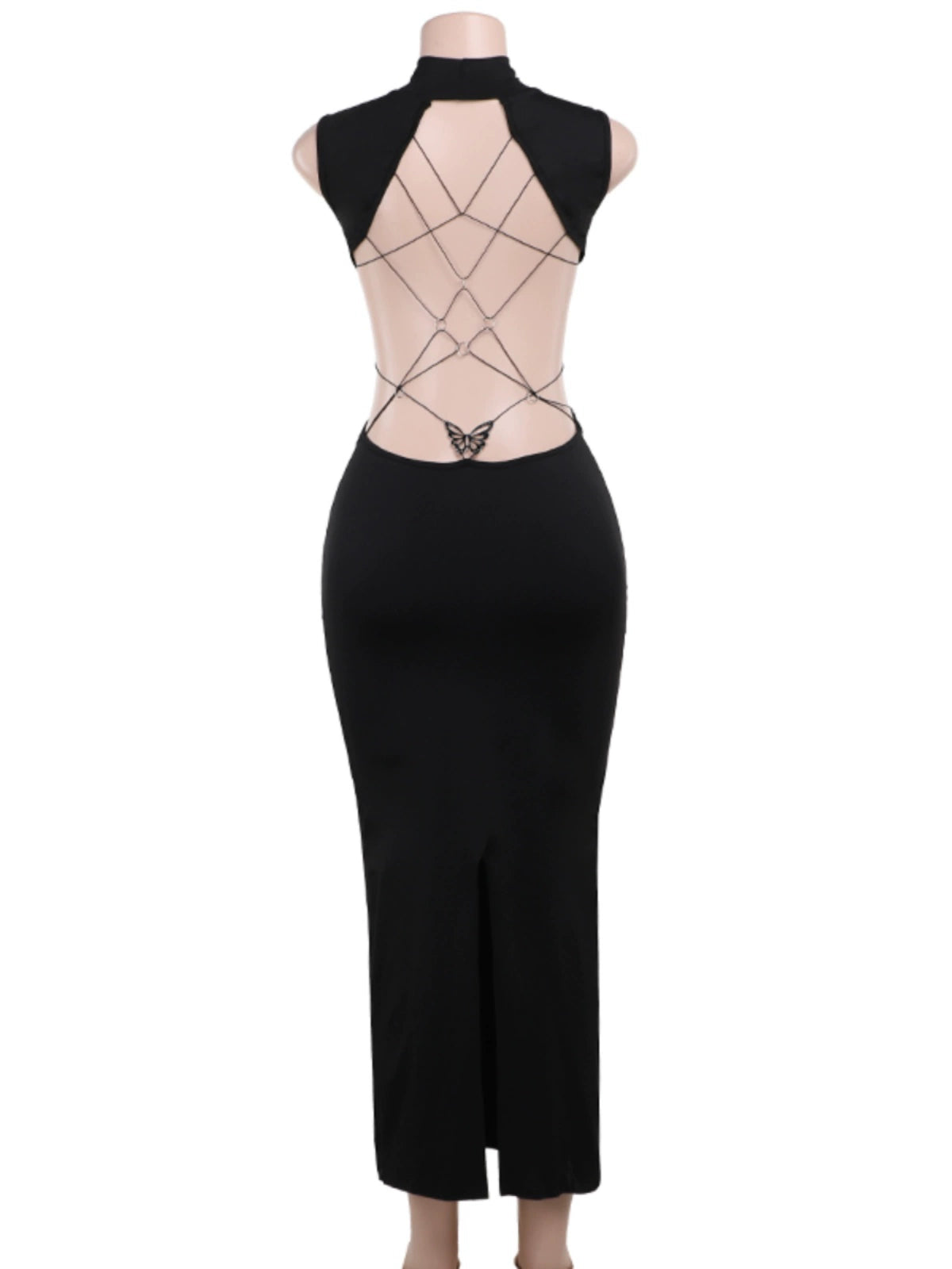 Instunning European and American Metal Butterfly Hollow-out Backless Dress Women Gyaru Style Slimming Split Long Skirt