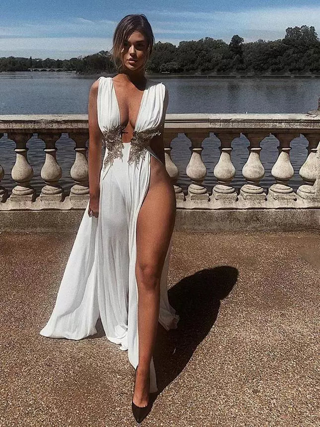 European and American Style Women's Clothing Ins Sexy Fashion Dress Wedding Deep V High Slit Part Large Hem Floor-Length Formal Dress