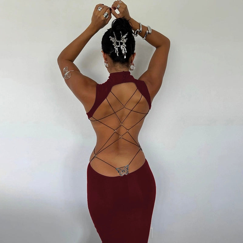 Instunning European and American Metal Butterfly Hollow-out Backless Dress Women Gyaru Style Slimming Split Long Skirt