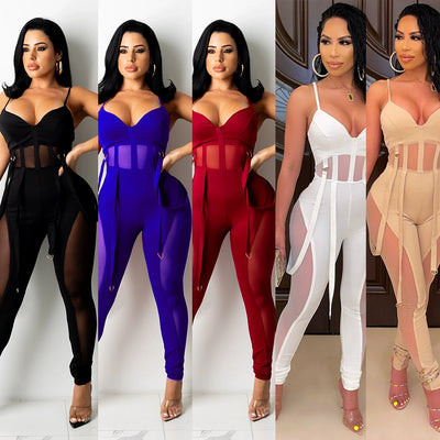 European and American Women's Clothing See-through Sexy Suspender Mesh Jumpsuit