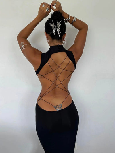 Instunning European and American Metal Butterfly Hollow-out Backless Dress Women Gyaru Style Slimming Split Long Skirt