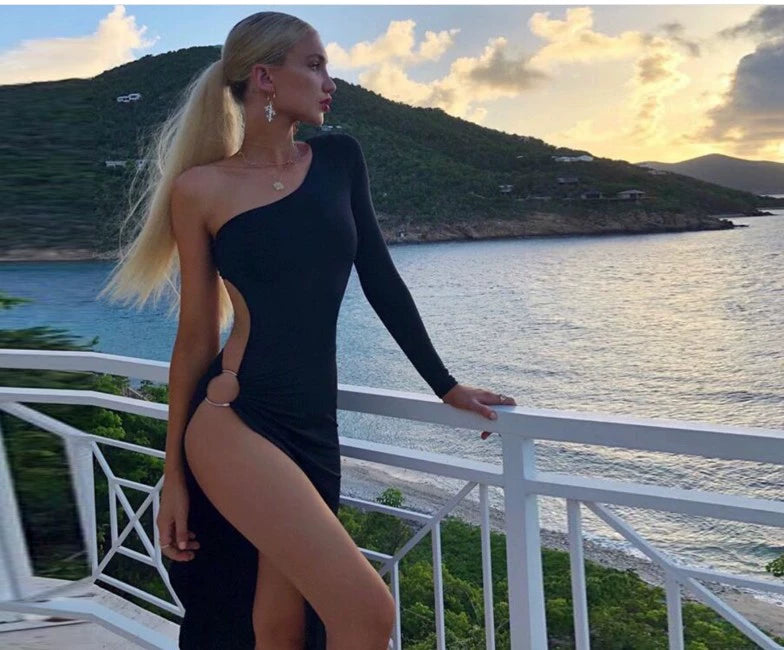 Sexy Cutout Single Sleeve Asymmetrical Slit Two Wear Tube Top