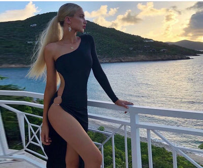 Sexy Cutout Single Sleeve Asymmetrical Slit Two Wear Tube Top
