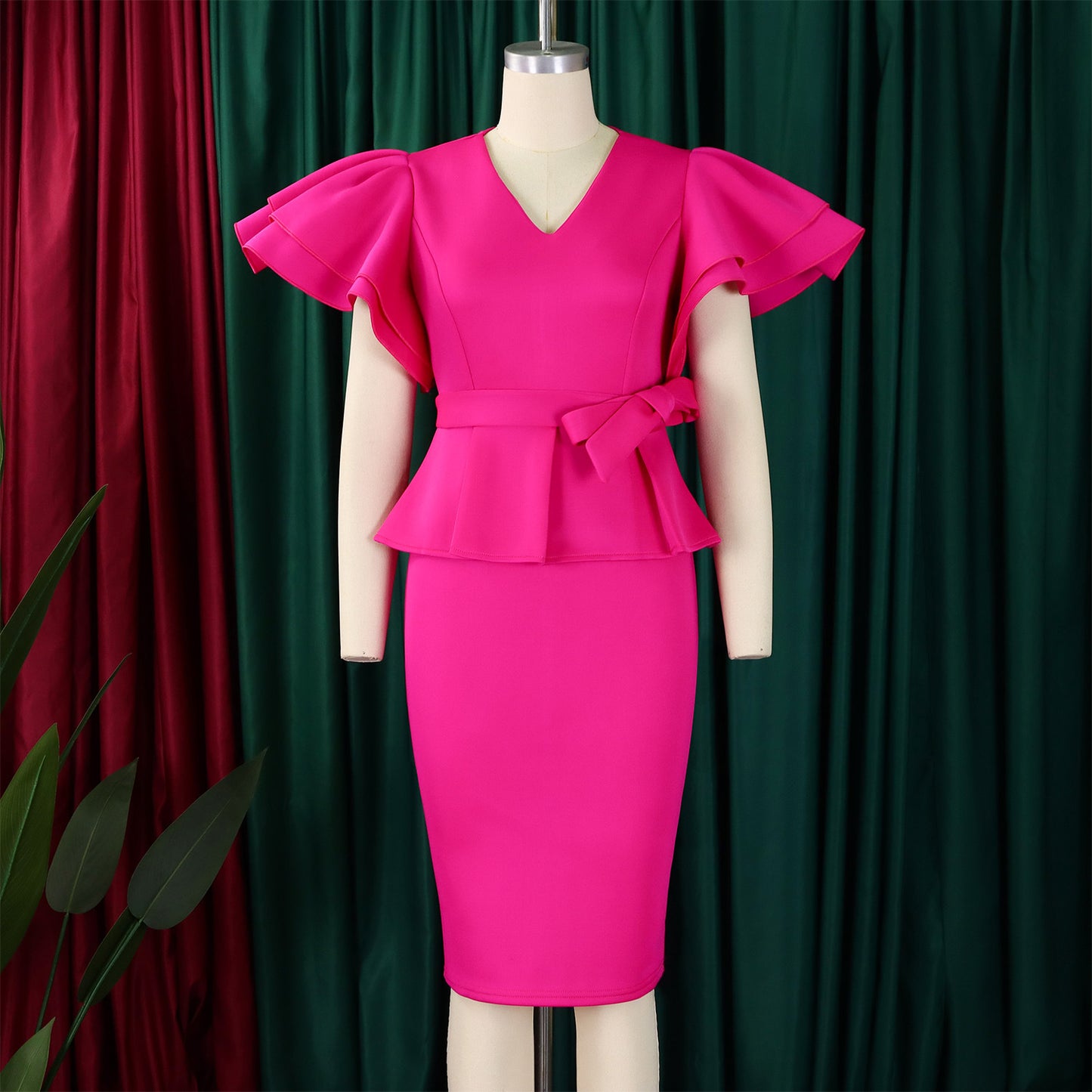 CM.YAYA Women Short Sleeve V-neck Belt High Waist Midi Dress 2025 Summer Africa OL Work Evening Sexy Party Dresses Vestidos