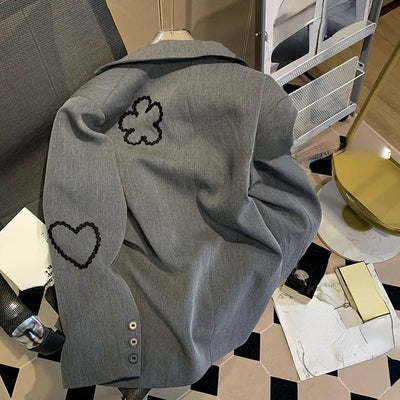 OCEANLOVE Embroidered Floral Blazers Women Spring Autumn Korean Fashion Chaquetas Elegant Grey Loose Retro Blazer Feminino