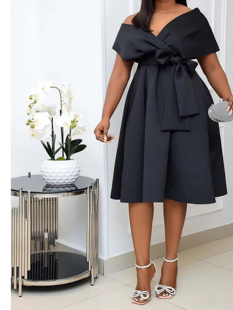 Dress Women Mid Length Dresses A Line Vestidos Slim Fit V Neck Short Sleeve Tight Waist Elegant Splice Lace Up Bow Summer