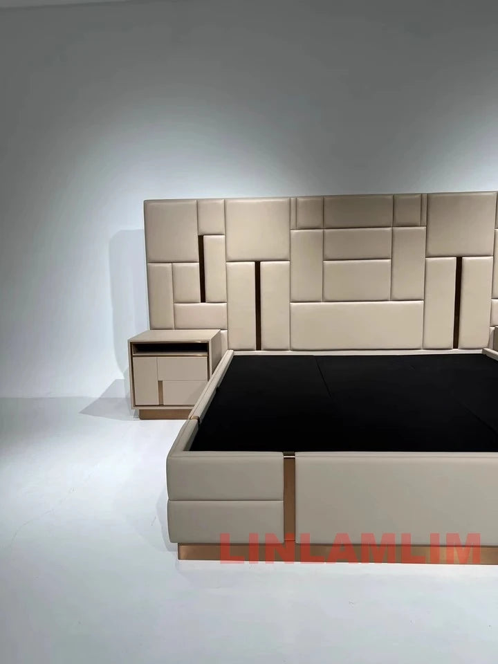 MANBAS Luxury Modern King Size Bed with Soft Upholstered Headboard and Storage Nightstands - Genuine Leather Bedroom Furniture