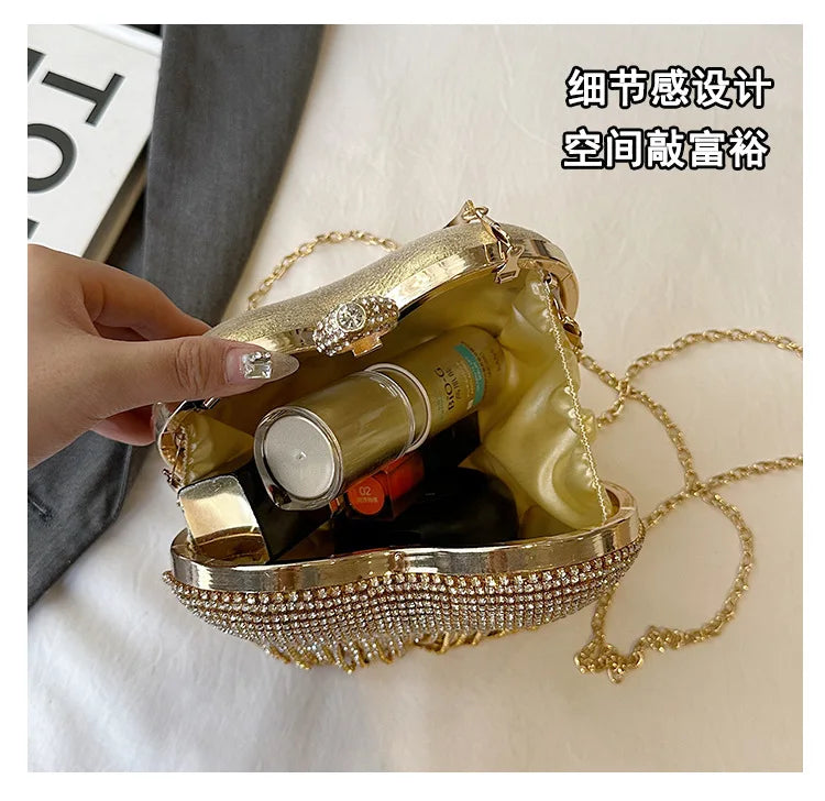 Rhinestone Evening Bag Heart Pattern Silver Handbag Womens Diamond Tassel Banquet Clutch And Purse Wedding Bridal Prom Wallets