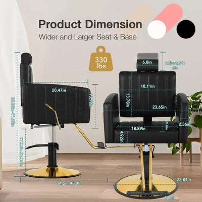 Black salon chair for hairstylists, hairstyling chair 360° swivel, 90°-135° chaise longone，Black