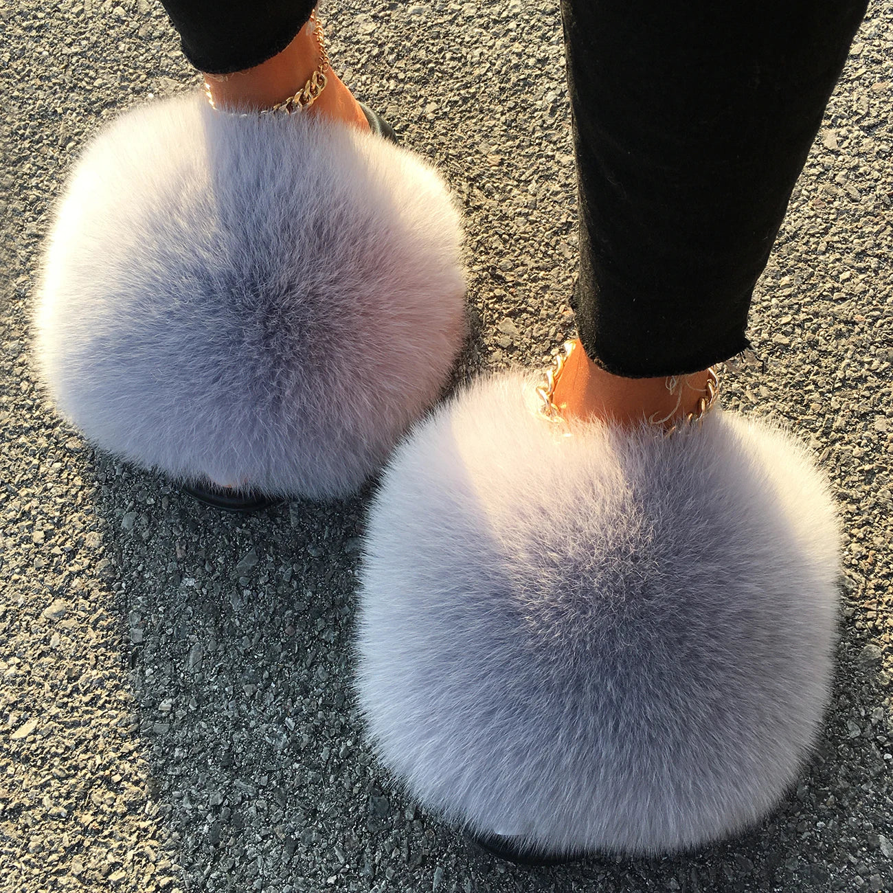 Extra Large Fur Slippers Real Fox Raccoon Fur Slides Flat Flip Flops Beach Designer Sandals Cute Plush Hair Furry Shoes Woman