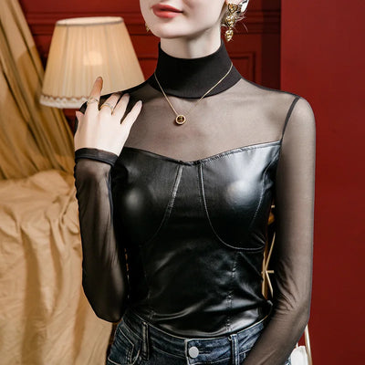 #4346 Black Split Joint PU T Shirt Women Sexy See Through T Shirt Long Sleeve Skinny Streetwear Womens Tee Shirts Faux Leather