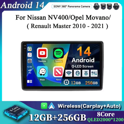 10“ Android 14 Car Radio For Nissan NV400/Opel Movano/Renault Master 2010 - 2021 Multimedia Video Player Navigation GPS Carplay