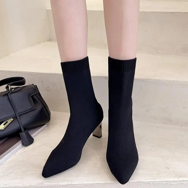 2022 New Winter Women's Shoes Knitted Mid-calf Socks Boots Pointed Toe Stiletto Elastic Designer Women's Boots 35-40