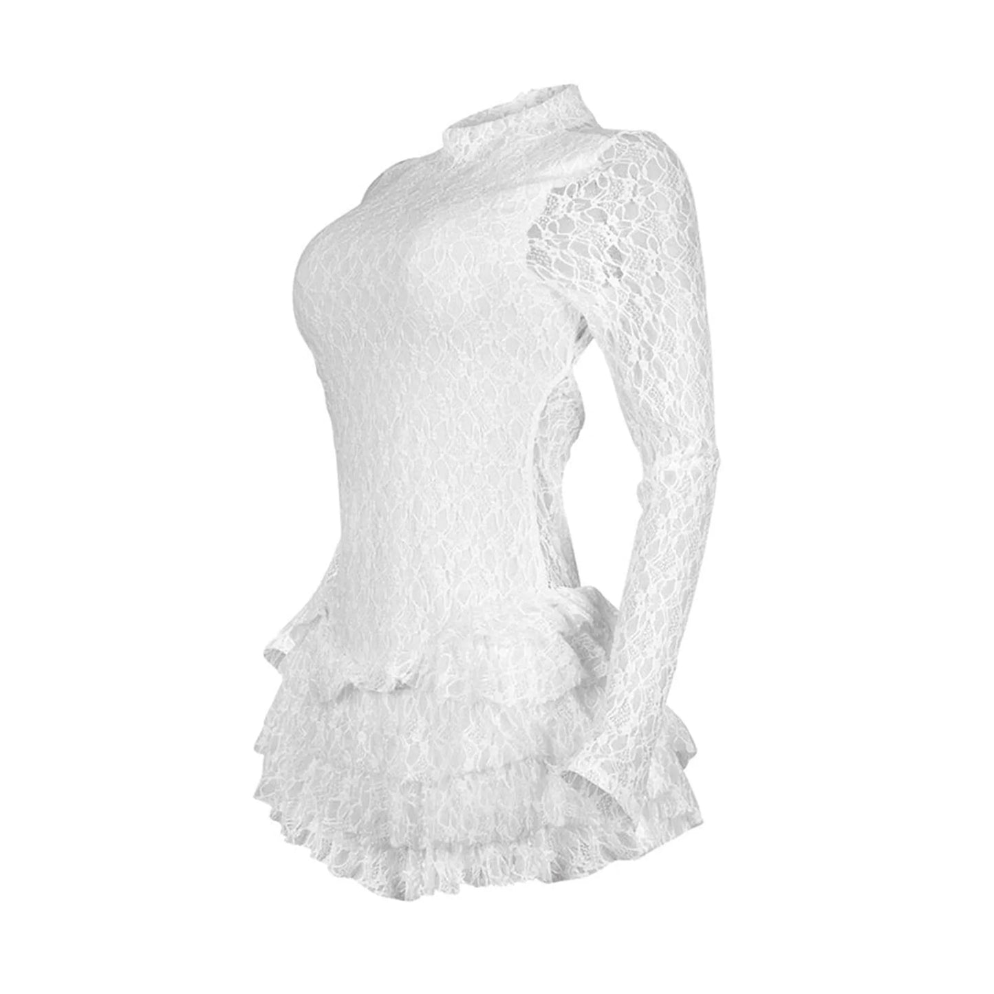 CM.YAYA Women Long Sleeve Lace Ruffles Ruched High Waist Short Jumpsuit Streetwear Backless Street One Piece Romper Playsuit